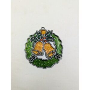 Vtg Stained Look Faux Glass Christmas Bells Sun Catcher Ornament 3.25"